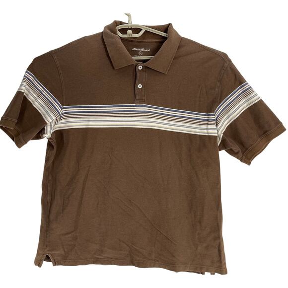 Eddie Bauer Polo Shirt XL Brown Striped Short Sleeves Cotton Y2K Preppy Retro - Picture 1 of 6